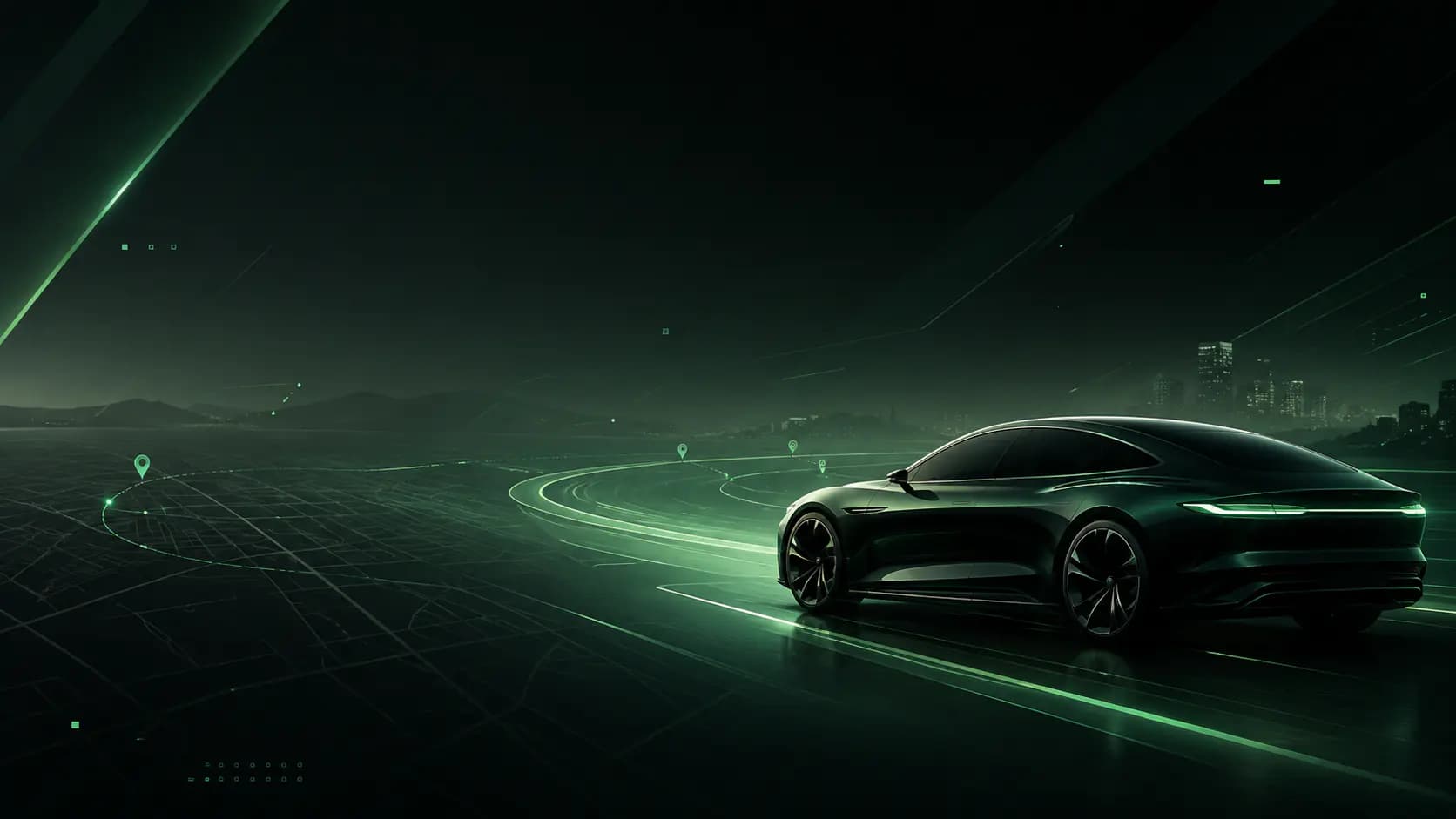 A dark sedan tracing a glowing green route across a night-time city map
