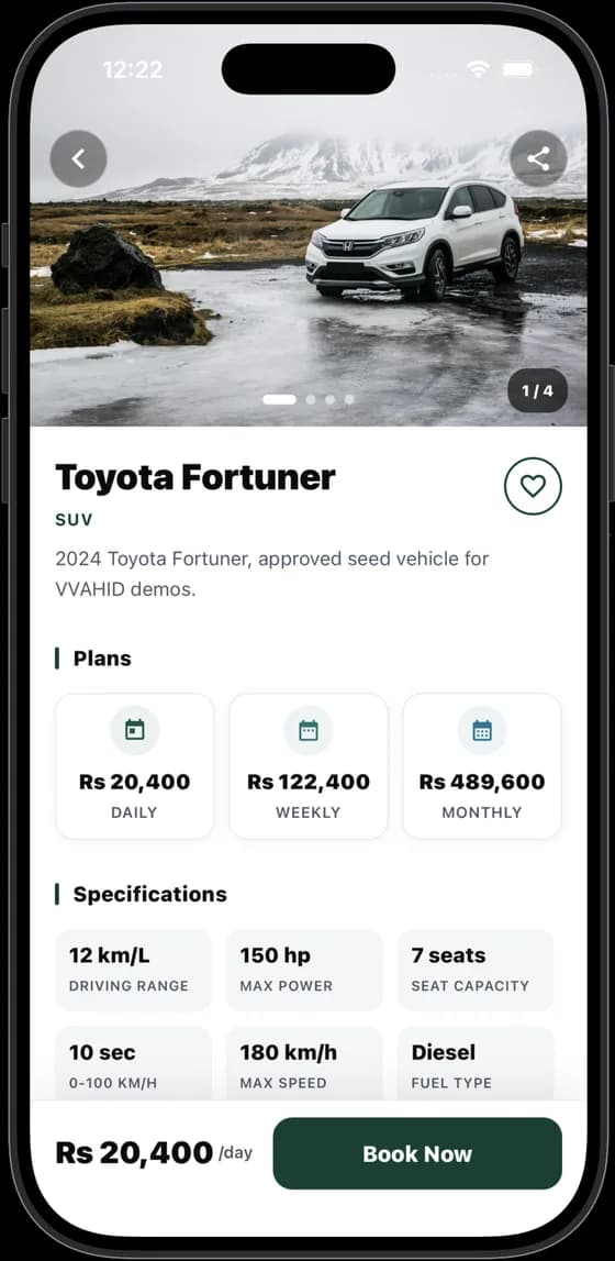 VVAHID app car detail screen for a Toyota Corolla Altis