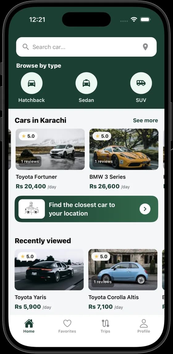 VVAHID app discover screen showing cars available in Karachi