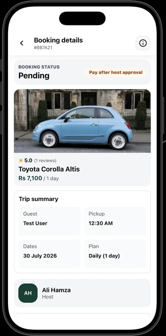 VVAHID app booking request screen with trip dates and pick-up point