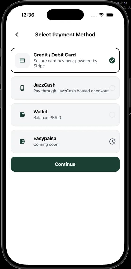 VVAHID app payment method selection screen