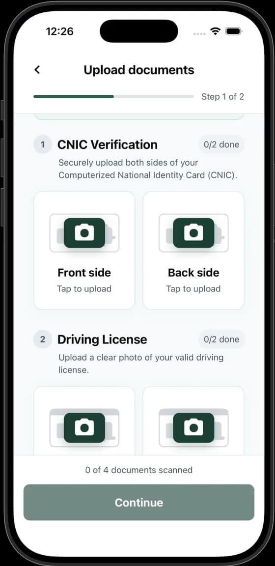 VVAHID app document verification screen for CNIC and driving licence
